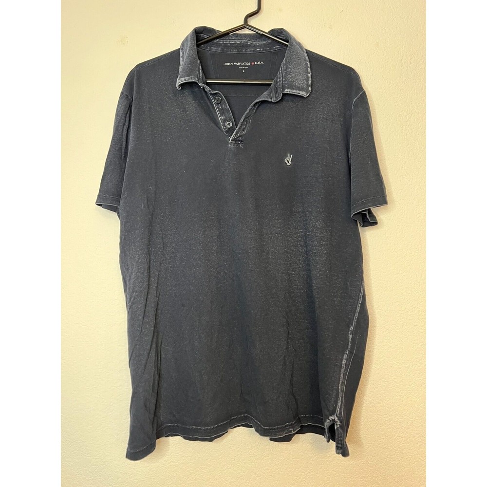 John Varvatos USA Polo Shirt Gray Mens Size Large Peace Embroidered Soft Collar